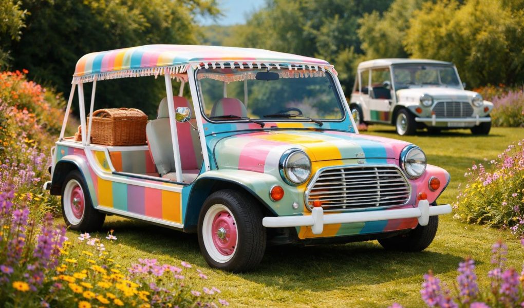mini-cooper-moke-jardin-ensoleille-fleurs