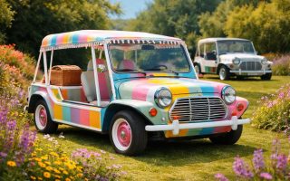 mini-cooper-moke-jardin-ensoleille-fleurs