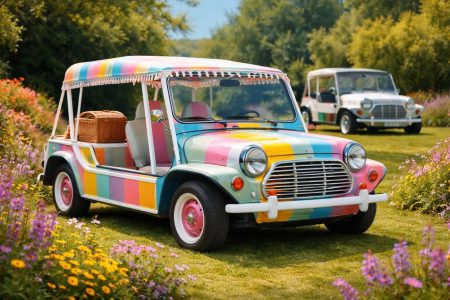 mini-cooper-moke-jardin-ensoleille-fleurs