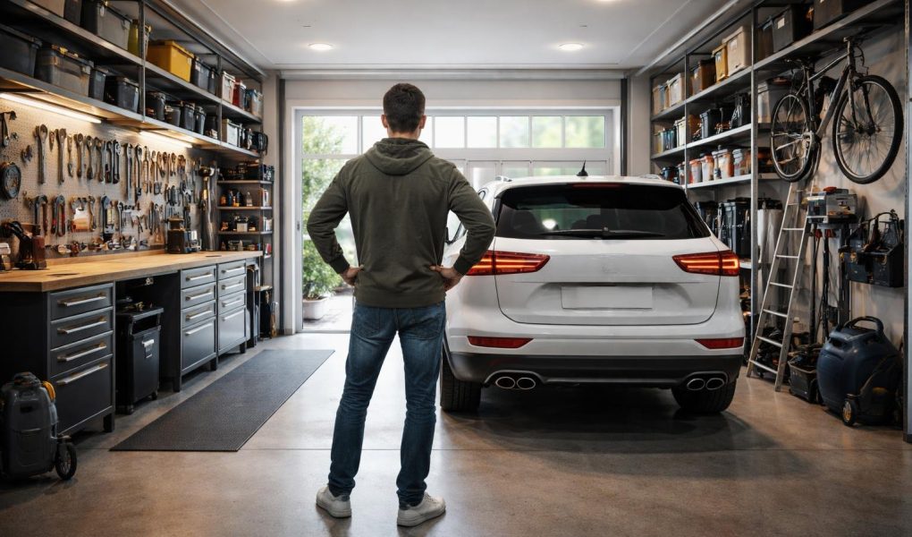 garage-moderne-voiture-outils-etageres