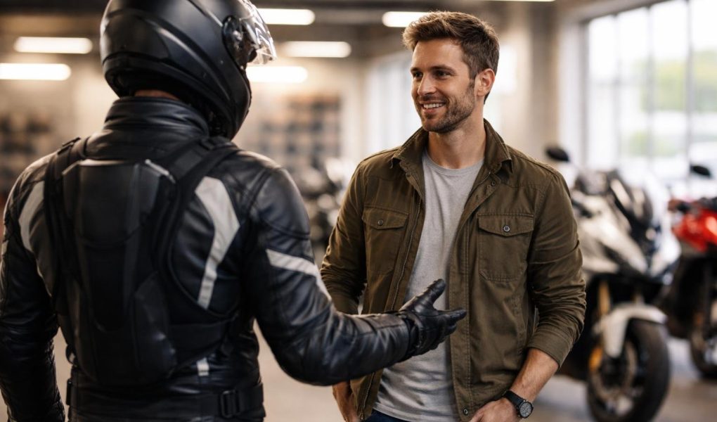 motard-casque-garage-motos-alignées