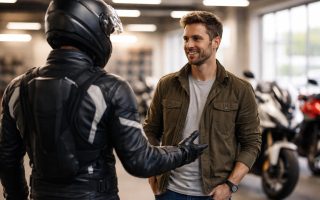 motard-casque-garage-motos-alignées