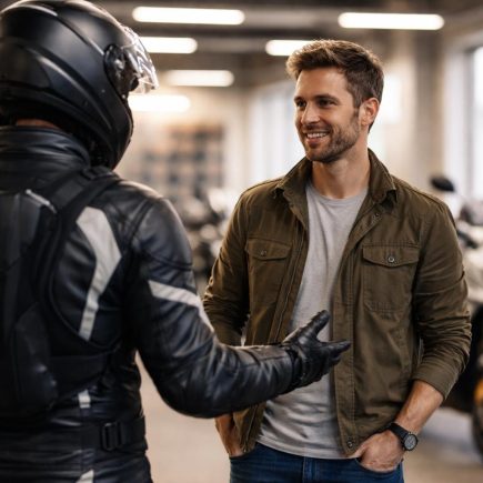 motard-casque-garage-motos-alignées