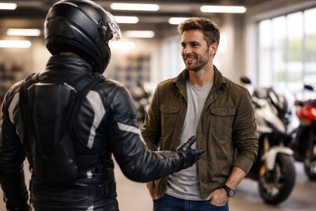 motard-casque-garage-motos-alignées